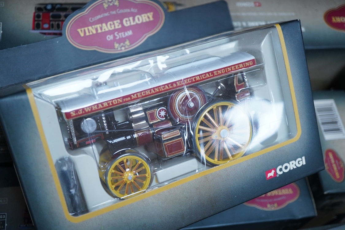 Twenty-three boxed Corgi diecast vehicles, including nine ‘Vintage Glory of Steam’ series, comprising of Showman’s engines, traction engines, steam road rollers, etc., together with ten trams including some from the ‘Tra